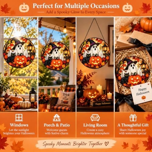 Halloween Ghost Suncatcher, Black Cat Maple Leaf Fall Window Hanging Ornament, Spooky Pumpkin Autumn Holiday Stained Glass Decor, Housewarming Gift for Halloween Party Porch 11.81" - Image 6