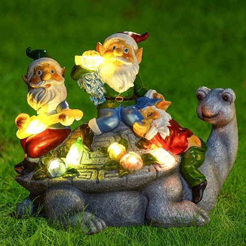 Upgraded Size Solar Garden Outdoor Statues Gnome Turtle Three Gnomes Having Party on Turtle with 7 LED Lawn Decor Outside Decorations for Patio, Balcony, Yard Ornament Unique Garden Gift - Image 4