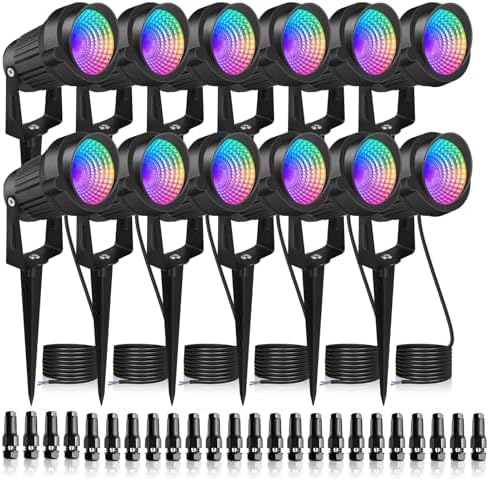 7W LED Landscape Lights Low Voltage, RGBW Color Changing 12V AC/DC Waterproof Outdoor Spotlights with Remote Control, IP65 Garden Pathway Lights with 12 Spike Stands for Christmas Decorative(12 Pack) by Unknown