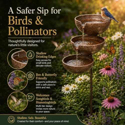 Rain Catcher Bird Bath Tiered, 3-Tier Metal Rain Water Bird Bath Garden Stake, Cascading Water Bowls Attract Hummingbirds, Birds, Butterfly for Yards Lawns Gardens (Copper) - Image 4