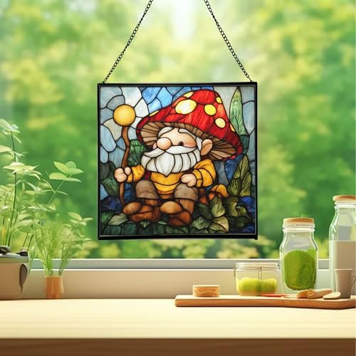 Gnome with Mushroom Maintenance Stained Glass Suncatcher – Square Hanging Window Panel for Home, Garden, Nursery, Halloween, Christmas, Memorial Day – Whimsical Glass Art Gift for Gnome Lovers v7uvc0 - Image 2