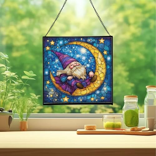 Crescent Moon Gnome Stained Glass Suncatcher – Square Hanging Window Panel for Home or Greenhouse – Whimsical Glass Art Gift for Garden Lovers, Christmas, Halloween, Father Days P5Mysc - Image 2