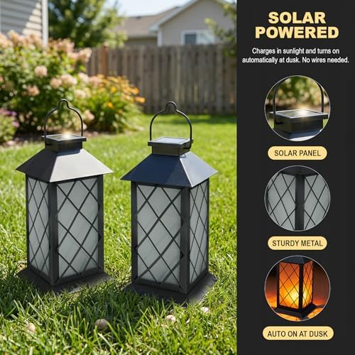 Solar Lanterns Outdoor Waterproof, 2 Pack 13" Metal & Glass Hanging Solar Lantern Lights, Cross Pattern IP46 Decorative Outdoor Solar Lanterns for Patio Table Yard Porch Garden Decor - Image 3