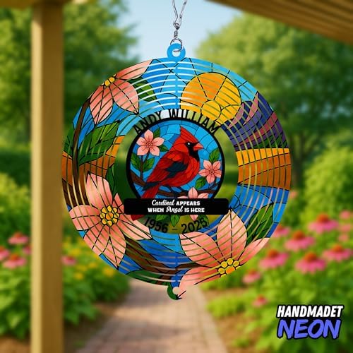 Personalized Wind Spinner Cardinal Couple Custom Memorial Year Name Flower Metal Sublimation Ornament Twirler Laser 3D Art Patio Porch Lawn Outdoor Garden Yard Decor - Image 2