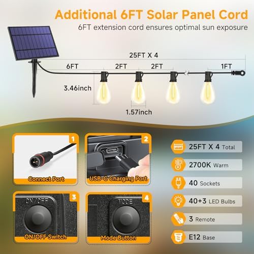 4x25FT Solar String Lights with Remote, 3 Mode Patio Lighting, Black - Image 3