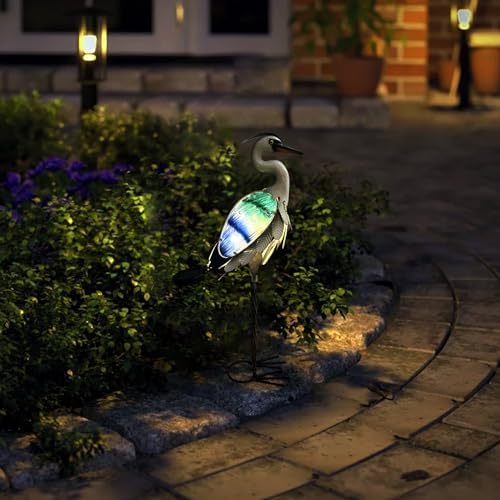 HONGLAND Solar Metal Crane Statue Garden Heron Sculpture, Glass Outdoor Heron Yard Art Coastal Ocean Bird Decor Lawn Ornament for Backyard Porch Patio Decor（24 Inch） - Image 2
