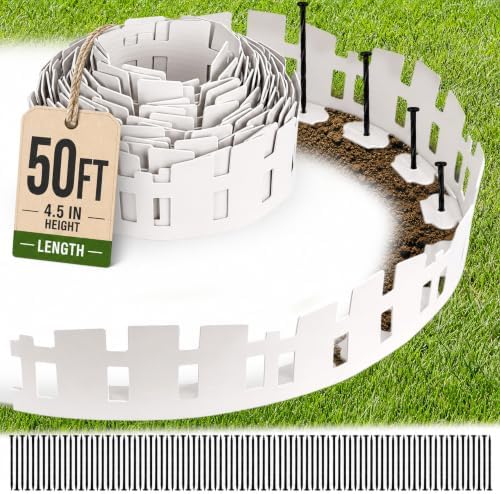 50FT Garden Edging Border, 4.5in White Picket Fence, 90 Flexible Stakes by Unknown
