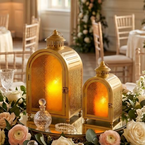 JHY DESIGN 2-Pack Vintage Metal Candle Lanterns with Embossed Amber Orange Glass 15.5'' High Hollow Carved Candle Holder, Portable Hanging Lantern for Home Patio Wedding Holiday Decor（Gold） - Image 6