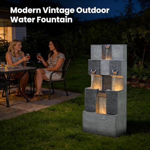Sunlinua 48" Modern Grid Outdoor Water Fountain with Led Light - Image 4