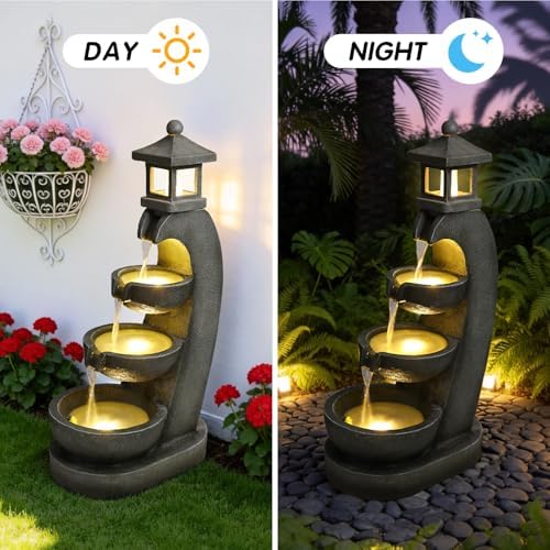 35.4" Outdoor Water Fountain, 3 Tier Bowl Cascading Freestanding Water Fountain, Lantern Style Garden Water Feature with LED Lights, Suitable for Patio Yard Porch Landscape, Grey - Image 5