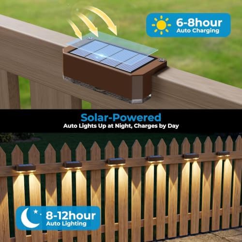 Peasur 12 Pack Solar Fence Lights Outdoor,Deck Light Solar Powered, IP65 Waterproof Led Riling Solar Lights Brown Frame for Outside Yard Step, Wram White - Image 3