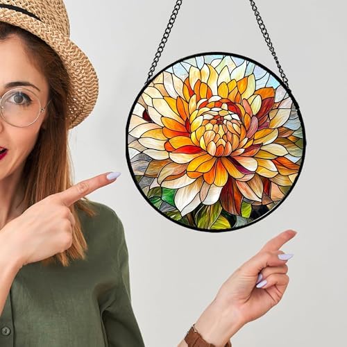 Orange White Flower Stained Glass Window Hanging Suncatcher Gifts 15" - Image 4