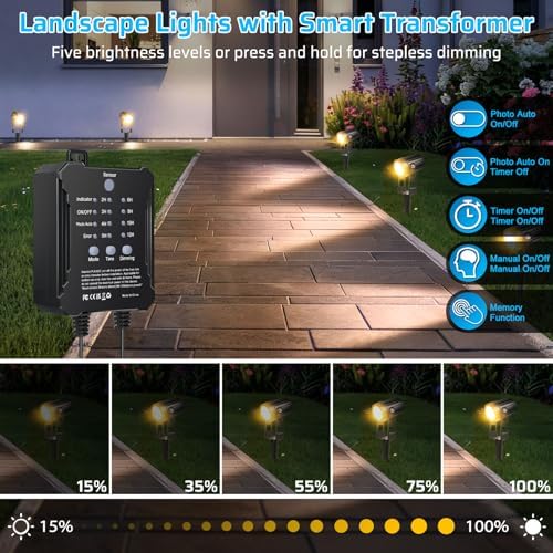 All-in-One Low Voltage Landscape Lighting Kit, 8 Pack Landscape Lights with Smart Transformer, Dimmable Waterproof Outdoor LED SpotLights, 24V LED Landscape Lights for Yard, Garden(Warm White) - Image 2