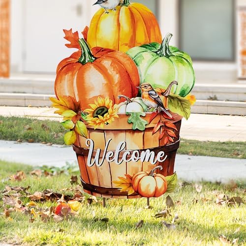 Glitzhome 30.25"H Fall Metal Pumpkins with Barrel Yard Stake/Hanging Wall Decor,Metal Pumpkin Barrel with Welcome Signs,Fall Harvest Porch Decorations for Thanksgiving Autumn Halloween Party Supplies - Image 3