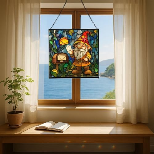 Gnome Mail Delivery Stained Glass Suncatcher – Square Hanging Window Panel for Home or Greenhouse – Whimsical Glass Art Gift for Garden Lovers, Christmas, Halloween, Father Days wzepyO - Image 6