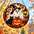 Halloween Ghost Suncatcher, Black Cat Maple Leaf Fall Window Hanging Ornament, Spooky Pumpkin Autumn Holiday Stained Glass Decor, Housewarming Gift for Halloween Party Porch 11.81" by Unknown