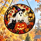 Halloween Ghost Suncatcher, Black Cat Maple Leaf Fall Window Hanging Ornament, Spooky Pumpkin Autumn Holiday Stained Glass Decor, Housewarming Gift for Halloween Party Porch 11.81" by Unknown