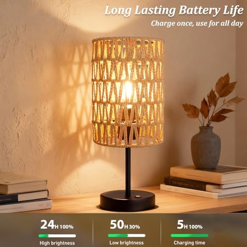 Rechargeable Outdoor Table Lamps, Rattan Boho Cordless Battery Operated Table Lamps, Patio Lamp for Living Room, Balcony, Bedside Decor- Set of 2 (Beige) - Image 3