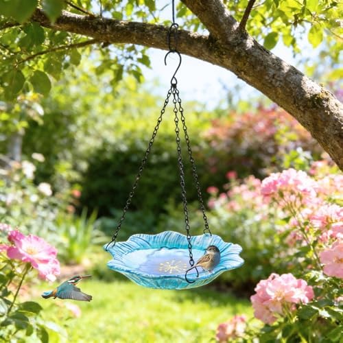 hogardeck 2 in 1 Floral Glass Bird Bath & Feeder - Hanging or Freestanding Outdoor Bird Bath with Sturdy 5-Pronged Base for Garden, Patio, Yard, Lawn Decor - Image 3