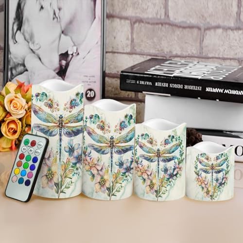 Floral Marble Dragonfly Flameless Candles with Remote Timer Battery Powered LED Candles Color Changing Pillar Electric Fake Candles Bulk for Indoor Set of 4 - Image 4
