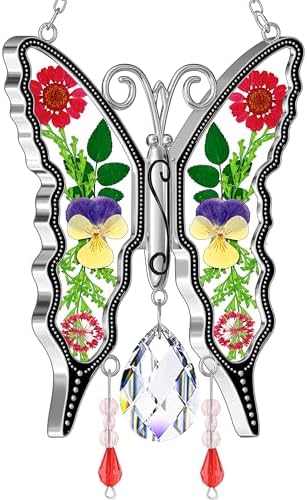 KY&BOSAM Butterfly Glass Crystal Pressed Flower Suncatchers Window Hanging by KYBOSAM