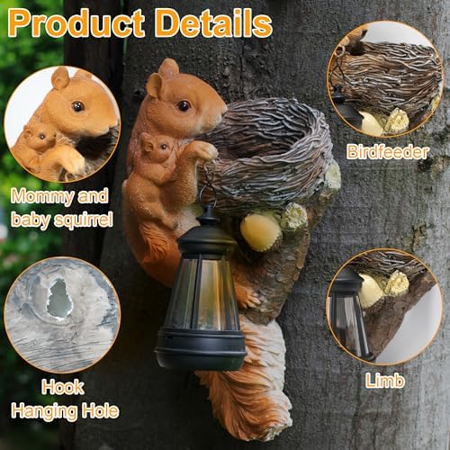 Squirrel Tree Hugger Garden Outdoor Statue Decor with Solar Powered Lantern for Outside Porch Patio Wall Tree Fence, Squirrel Figurine Birthday Gifts for Mom - Image 2