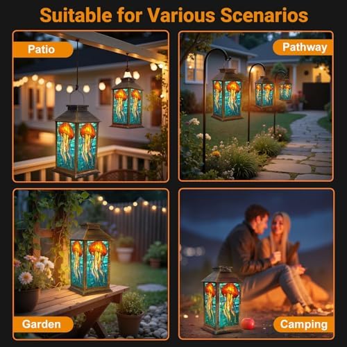 Solar Lantern Outdoor Waterproof Stained Glass Jellyfish Vibrant Orange Blue Tones Garden Decor LED Hanging Solar Lights Tabletop Lamp Gifts for Women Mom Outside Yard Patio Porch - Image 6