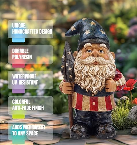 Better Office Products Garden Gnome Statue, 12" Height, Handcrafted Waterproof, UV-Resistant Polyresin Lawn Patio Porch Ornament Decoration (Yankee Doodle Patriot) - Image 2