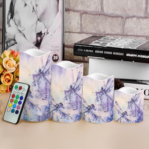 Purple Dragonfly Flickering Flameless Candles Pillar LED Candles with Remote and Timer Set of 4 Color Changing Battery Operated Candles for Valentines Home Wedding Birthday Decoration - Image 4