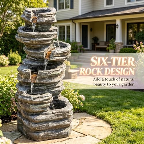 Freestanding Outdoor Fountain with Six-Tier Rock Design and LED Lighting - Image 3