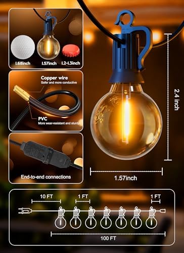109FT 100 LED Outdoor String Lights, G40 Shatterproof String Lights, IP65 Waterproof Connectable Outside Patio Light for Backyard Porch Balcony Garden Decor Christmas Camping Gazebo - Image 7