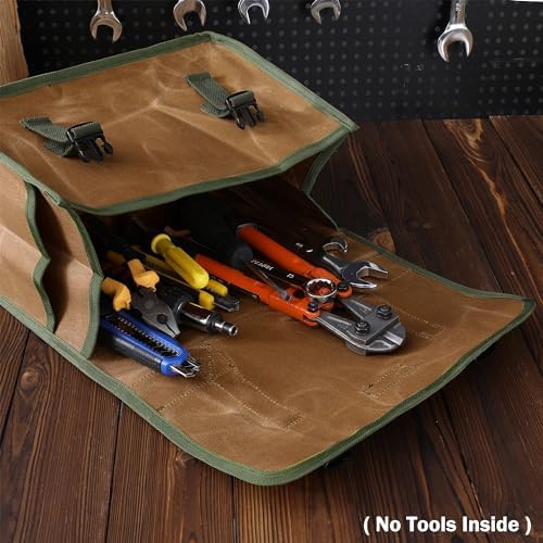 Tool Bag, Heavy Duty 16oz Waxed Canvas Tool Carrier, Multi-Purpose Tote Bag with 1 Large Capacity & 2 Side Pockets, Portable Tool Storage for Wrenches Chisels Scissors Hammer - Khaki - Image 6