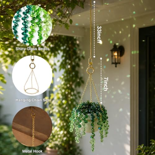Green Beaded Plant Sun Catchers Crystal Beads Plants Hanging for Window - Image 6