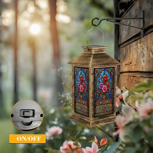 Solar Lantern Outdoor Waterproof Stained Glass Garden Decor LED Hanging Solar Lights Tabletop Lamp Gifts for Women Mom Outside Yard Patio Porch - Image 5