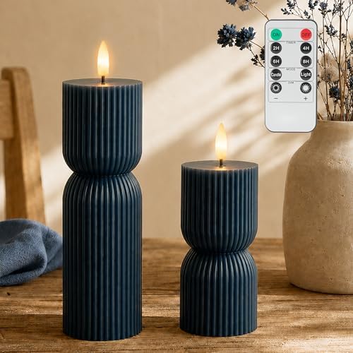 Navy Blue Flameless Pillar Candles with Timer,Real Wax LED Candles 3x4&8 In by SEHNSY