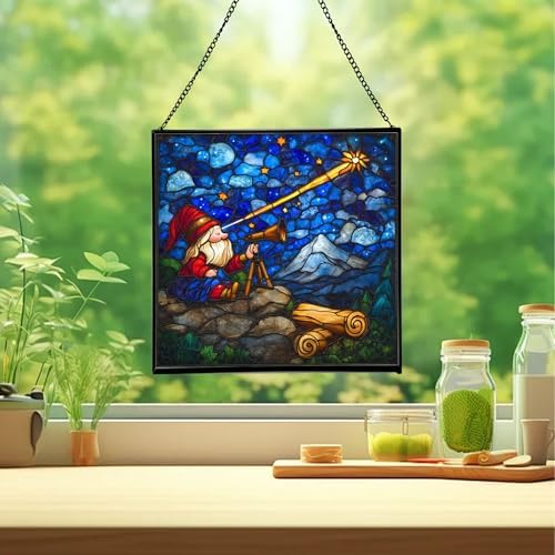 Gnome Stargazing Stained Glass Suncatcher – Square Hanging Window Panel for Home, Garden, Nursery, Halloween, Christmas, Memorial Day – Whimsical Glass Art Gift for Gnome Lovers pdylcp - Image 2