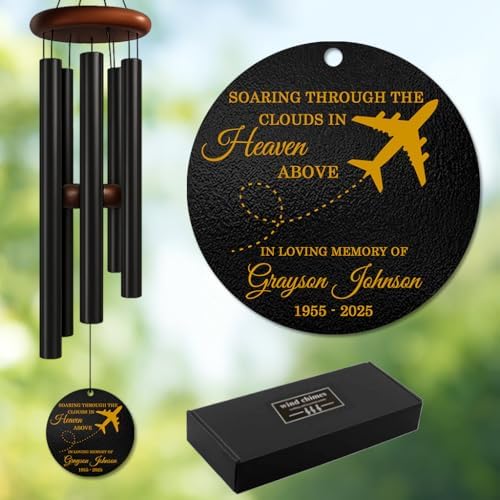 Personalized Aviation Memorial Wind Chime – “Soaring Through The Clouds in Heaven Above” Custom Name & Years – Sympathy Gift for Pilots, Travelers – Outdoor Remembrance Windchime for Loss of Loved by AlpadilCo