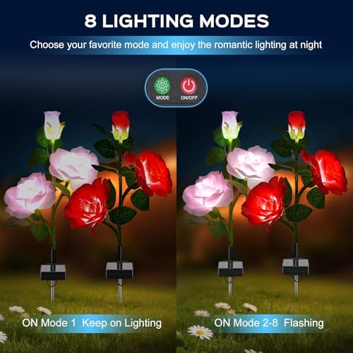 TANSOREN 4 Pack Solar Garden Lights Outdoor, 8 Lighting Modes Cool White LED Powered Waterproof Rose Flowers Landscape Light for Outside Yard, Patio, Pathway Decorative, Décor, Gifts - Image 3
