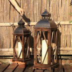 Large Farmhouse Wooden Metal Lantern Set of 2, 30''/22'' H Rustic Decorative Indoor & Outdoor Hanging Candle Lanterns, Wooden Outdoor Lanterns for Patio Front Porch Table, Brown - Image 2