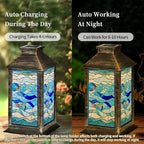 Solar Lantern Stained Glass Window Panel Flowing Waves Colorful Bubbles Blue Tones Outdoor Waterproof Garden Hanging Lantern Solar Powered Lighting Outside Table Lamp for Patio Deck Camping 1 Pack - Image 3