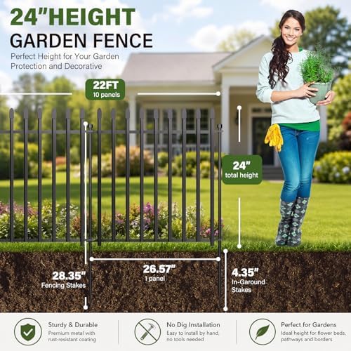 No Dig Decorative Garden Fence, 24in(H)×22ft(L), 10 Panels with Gate - Image 2