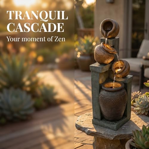 Outdoor Water Fountain 34.8", Tall 4-Tier Pot Waterfall Fountain with Warm LED Lights, Rustic Resin Cascading Water Feature, Quiet Pump for Patio Garden Porch Backyard Deck Decor - Image 2
