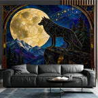 Wolf Tapestry, Full Moon Stained Glass Mountain Forest Decor 70x90inch by Unknown