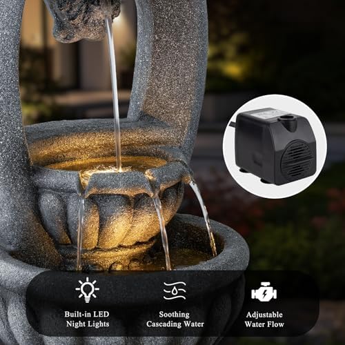 Lion Head 2-Tier Outdoor Water Fountain, Resin & LED, 31.1 in - Image 4