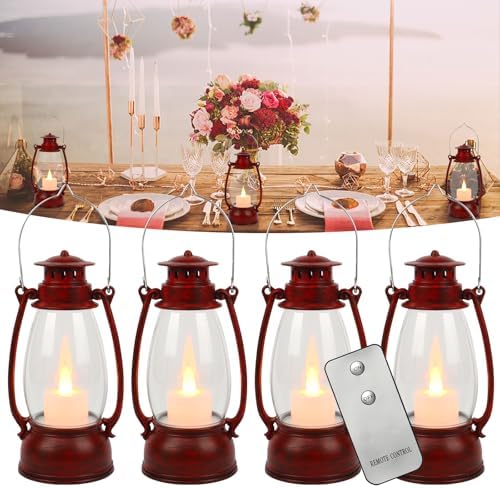 Vintage Red Lantern Decor With Remote Control, 8" Candle Lantern with Handle - Small Hanging Lanterns for Decorative Indoor & Outdoor Use - Perfect for Wedding Centerpiece by ReperlaSpecialMiniSmallLanternDecoration
