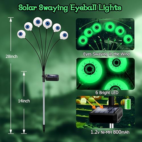 Kohlrabi Halloween Decorations Outdoor, 6 Pack 36 LED Solar Scary Eyeball Swaying Lights, Green Solar Firefly Light Waterproof Outdoor Garden Lights for Halloween Yard Garden Lawn Party Flower Bed - Image 2