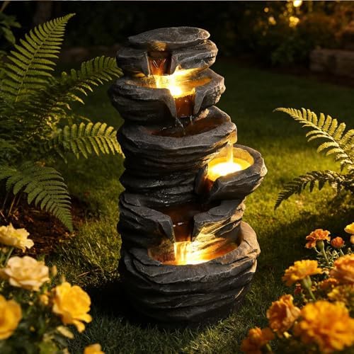 Outdoor Waterfall Fountain with LED Lights Cascading Rock Water Feature Weather-Resistant Resin Garden Decor for Patio Yard Porch Landscape - Image 6
