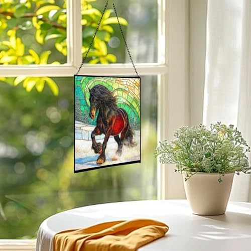 Black Icelandic Horse Climbing Snowy Slope Square Suncatcher – Stained Glass Style Window Panel with Pastoral Scene, Custom Decorative Hanging Art for Equestrian Home, Christmas Rzvlwy - Image 3