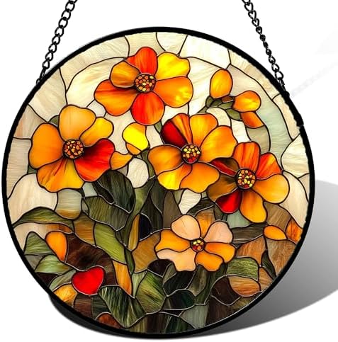 Orange Calendula Flower Stained Glass Window Hanging Suncatcher Gifts 15" by Follow