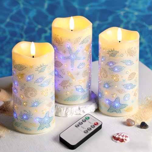 Blue Ocean Coastal Fiber Optic Flameless Pillar Candles with Remote by EywamageCandles
